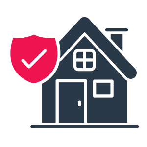 House icon with a red shield and checkmark, suggesting home security.