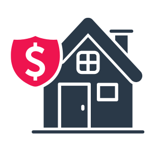 House icon with a red shield containing a dollar sign, representing home insurance.