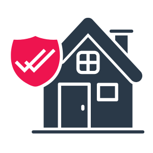 A blue house icon with a red shield featuring a white checkmark, representing home protection.