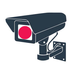 Dark gray security camera with a red lens, mounted on a wall.