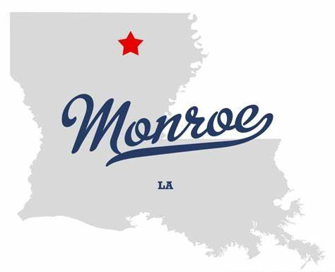 Map of Louisiana with a red star marking Monroe, LA. Text overlay: