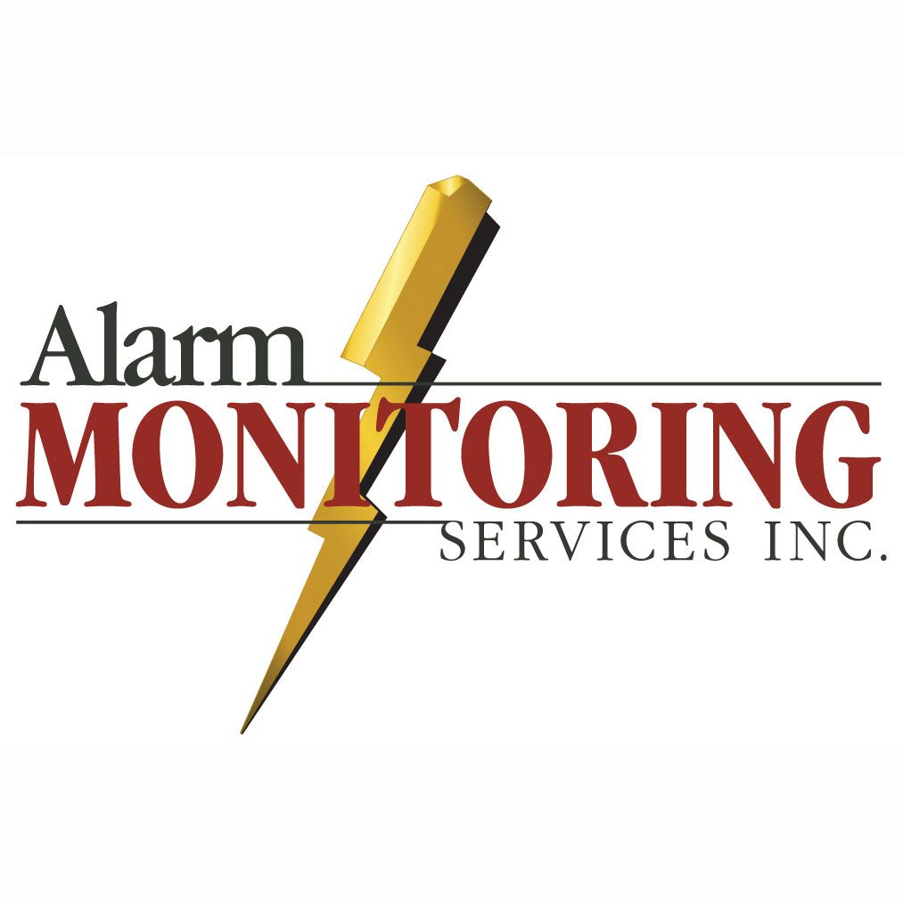 Logo for Alarm Monitoring Services Inc., featuring a golden lightning bolt and the company name.