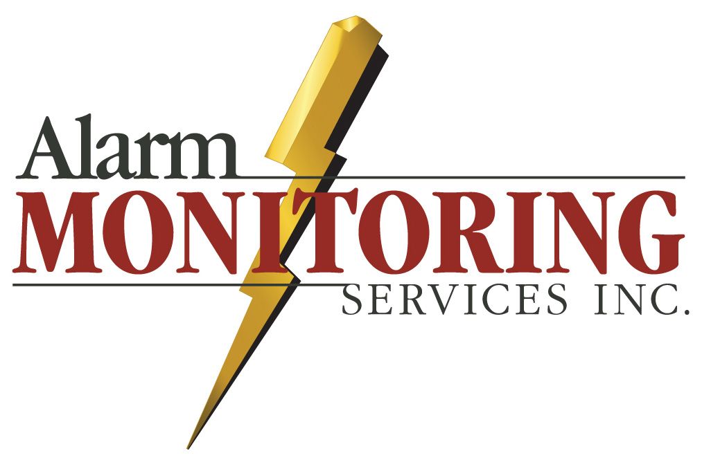 Logo for Alarm Monitoring Services Inc., features red text on a white background, and a gold lightning bolt.
