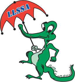 Green alligator mascot holding a red umbrella,