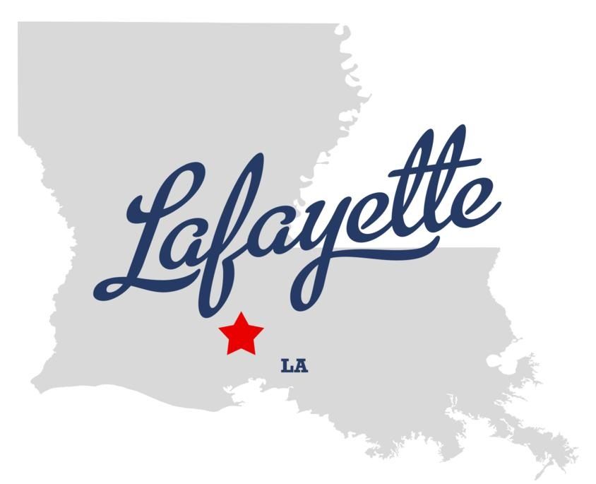 Map of Louisiana with a red star marking Lafayette; the city name is in cursive.