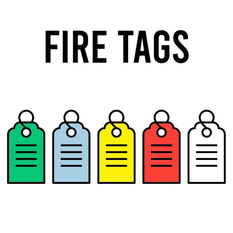 Fire Tags graphic with five colored tags and the text