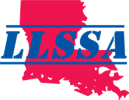 Louisiana State Soccer Association logo with a red Louisiana outline and