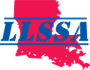 Louisiana State Soccer Association logo with a red Louisiana outline and