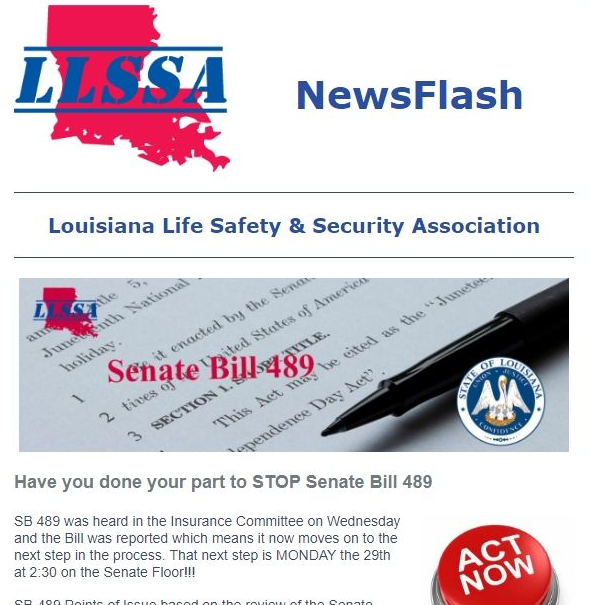 NewsFlash from Louisiana Life Safety & Security Association regarding Senate Bill 489. Includes