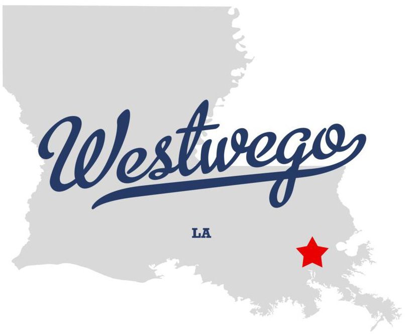 Map of Louisiana with a red star marking Westwego. The city name is in navy blue script.