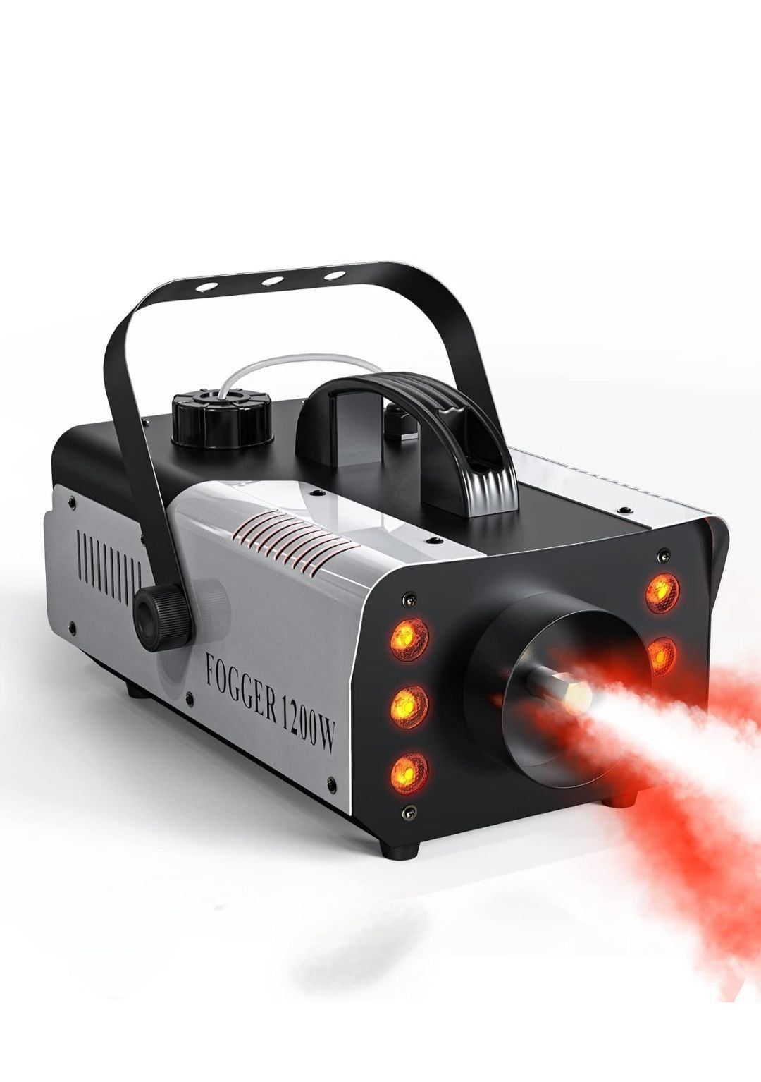 A fog machine with red lights and a remote control.