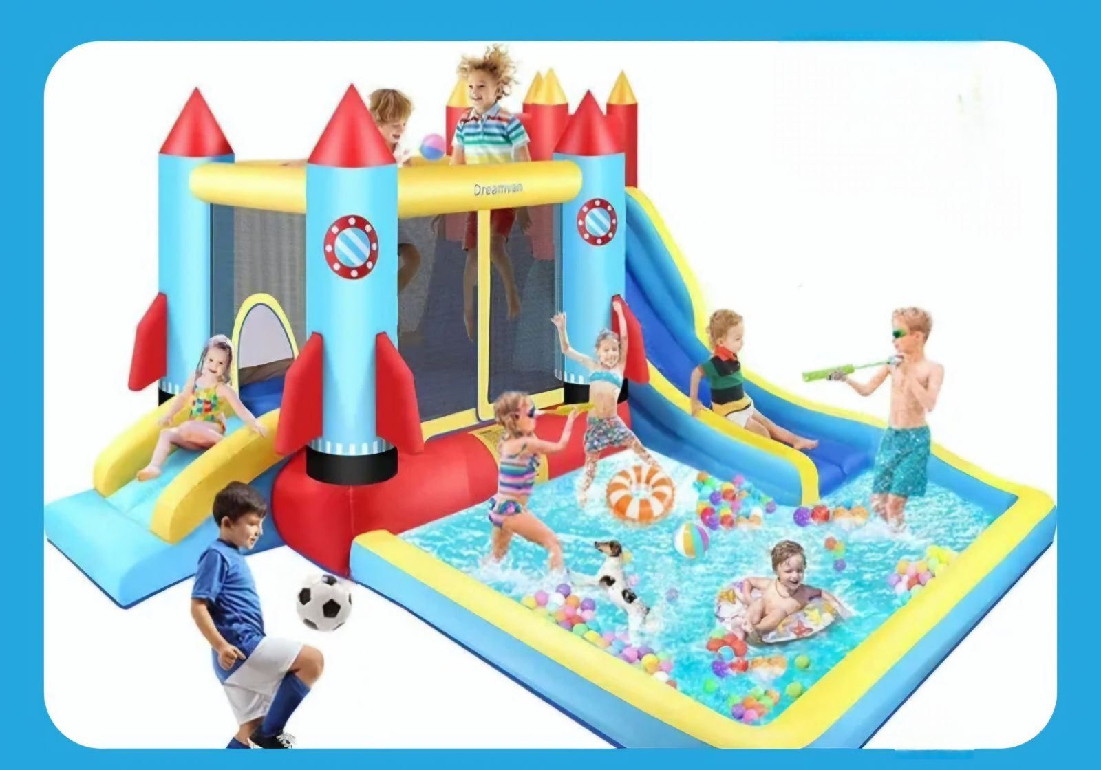 A group of children are playing in an inflatable water park.