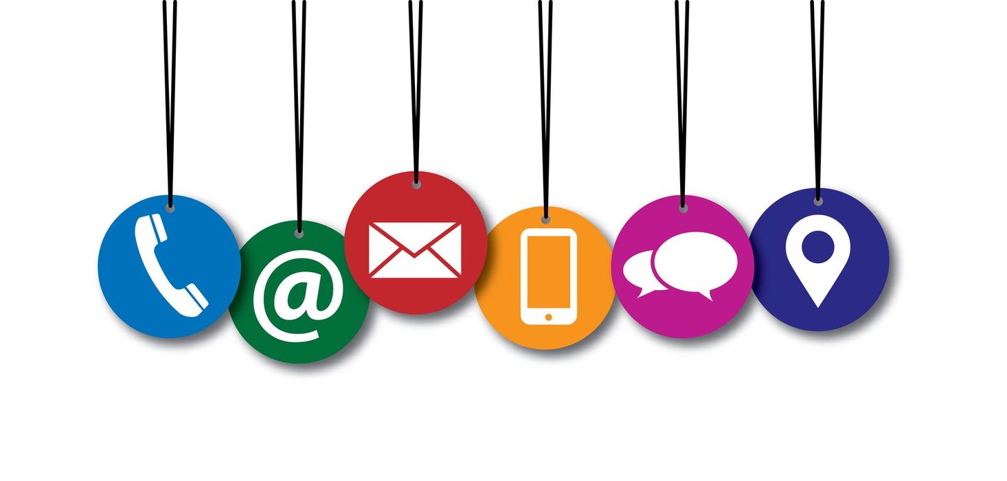 A row of colorful circles with contact icons hanging from strings.