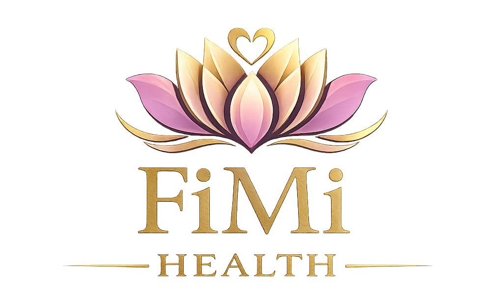 FiMi Health logo with a gold and pink lotus flower above the text
