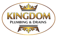 Logo for Kingdom Plumbing & Drains: gold crown and bracket details, centered text in gold on white oval background.