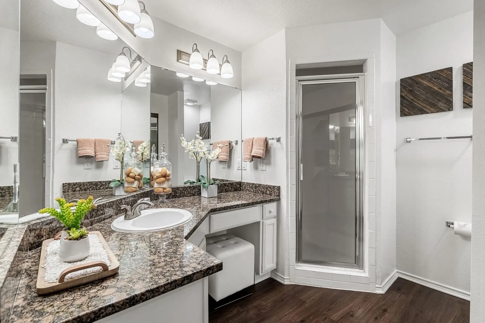 Bathroom with granite countertops, dual sinks, and a glass-enclosed shower.
