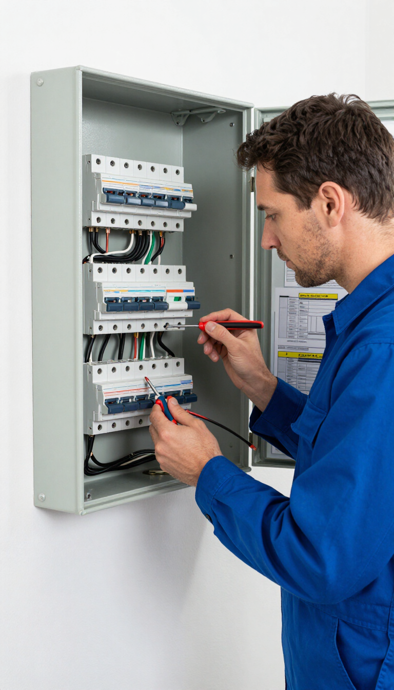 Hands using red-handled pliers to wire a ceiling electrical box with exposed cables.