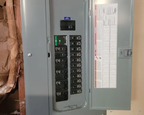 Open electrical breaker panel with gray door, black circuit switches, and wiring exposed in a wall