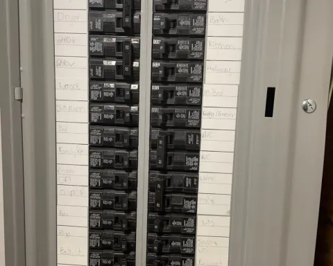 Electrical breaker panel with many black circuit breakers and handwritten labels on a white board.