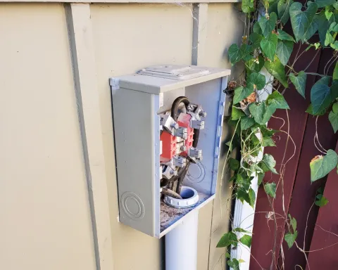 Open electrical box on an exterior wall with exposed wiring and vines nearby