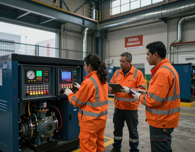 Técnicos latinoamericanos realizando mantenimiento preventivo a una planta de emergencia diésel en CDMX