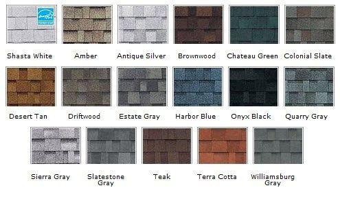 Color swatches of roofing shingles with names: Charca White, Amber, etc.