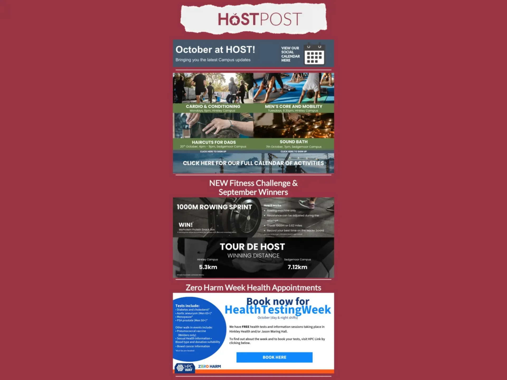 HostPost October campus activity flyer with photos, calendar icon, and event listings on a maroon background