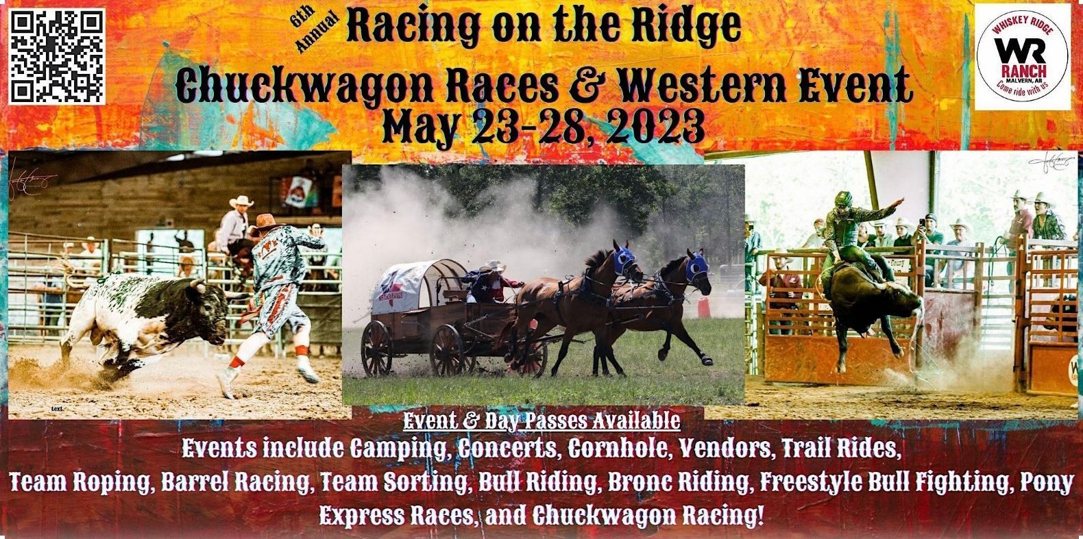Chuckwagon races and western event poster with horse races, rodeo scenes, and orange-red background
