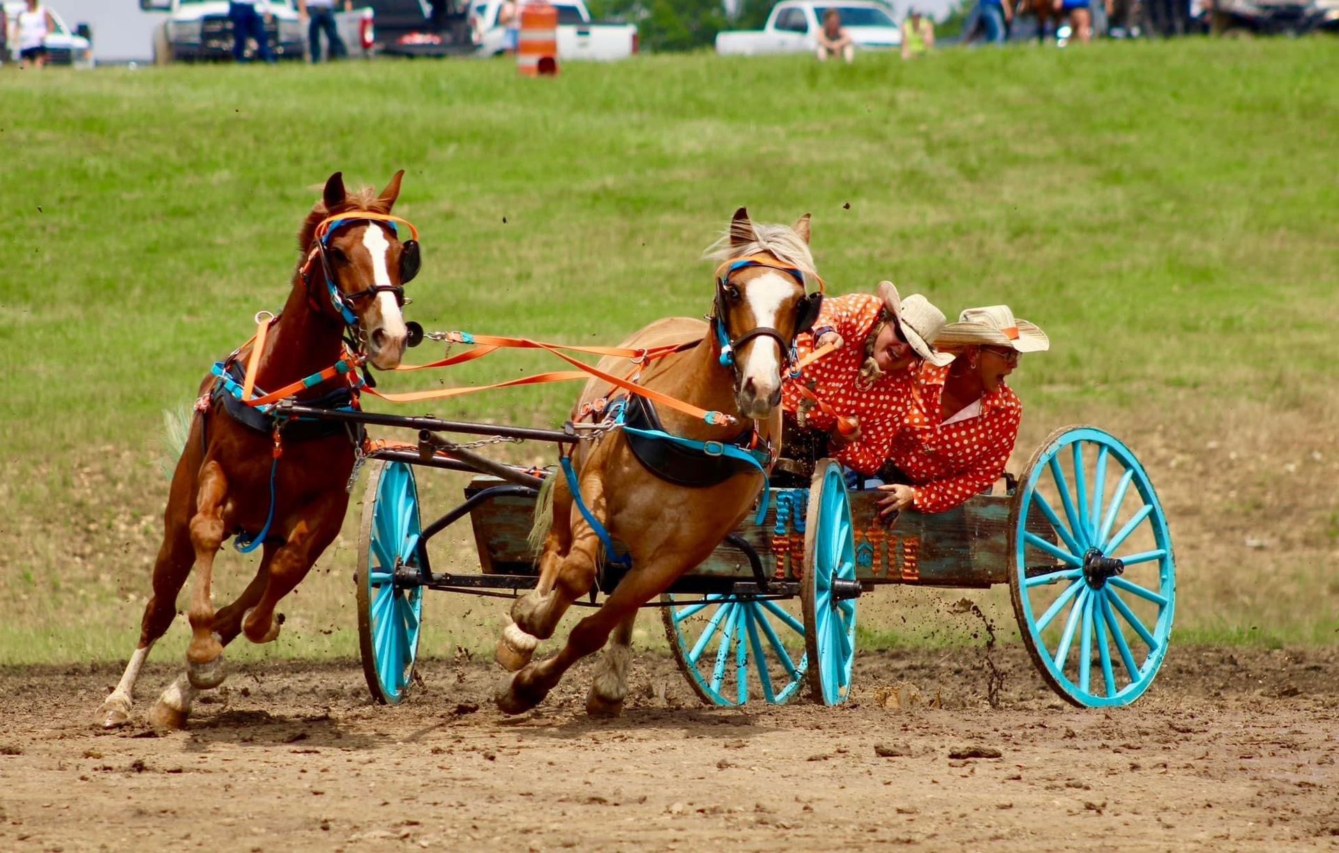 Two horses pull a blue wagon with red-clad riders across a dirt field.