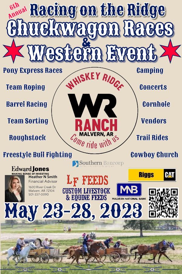 Western event flyer for Chuckywagon Races at Whiskey Ridge Ranch, May 23–28, 2023, with horses and wagons.