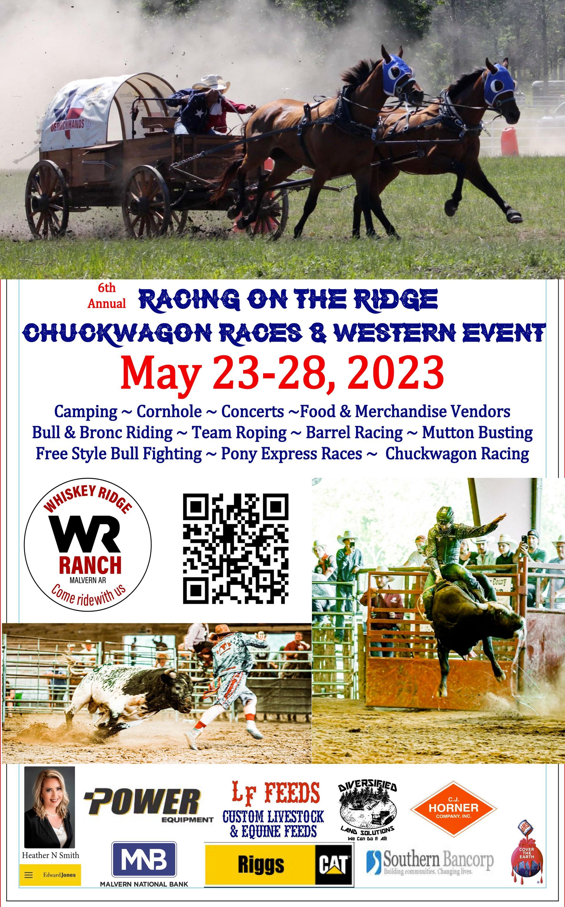 Racing poster for Chevauzcoan Races & Western Event, May 23–28, 2023, with horse-drawn carts and sponsor logos