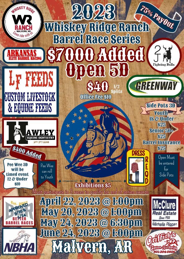 2023 Whiskey Ridge Ranch Barrel Race Series flyer with dates, sponsors, and event details in red, blue, and white.