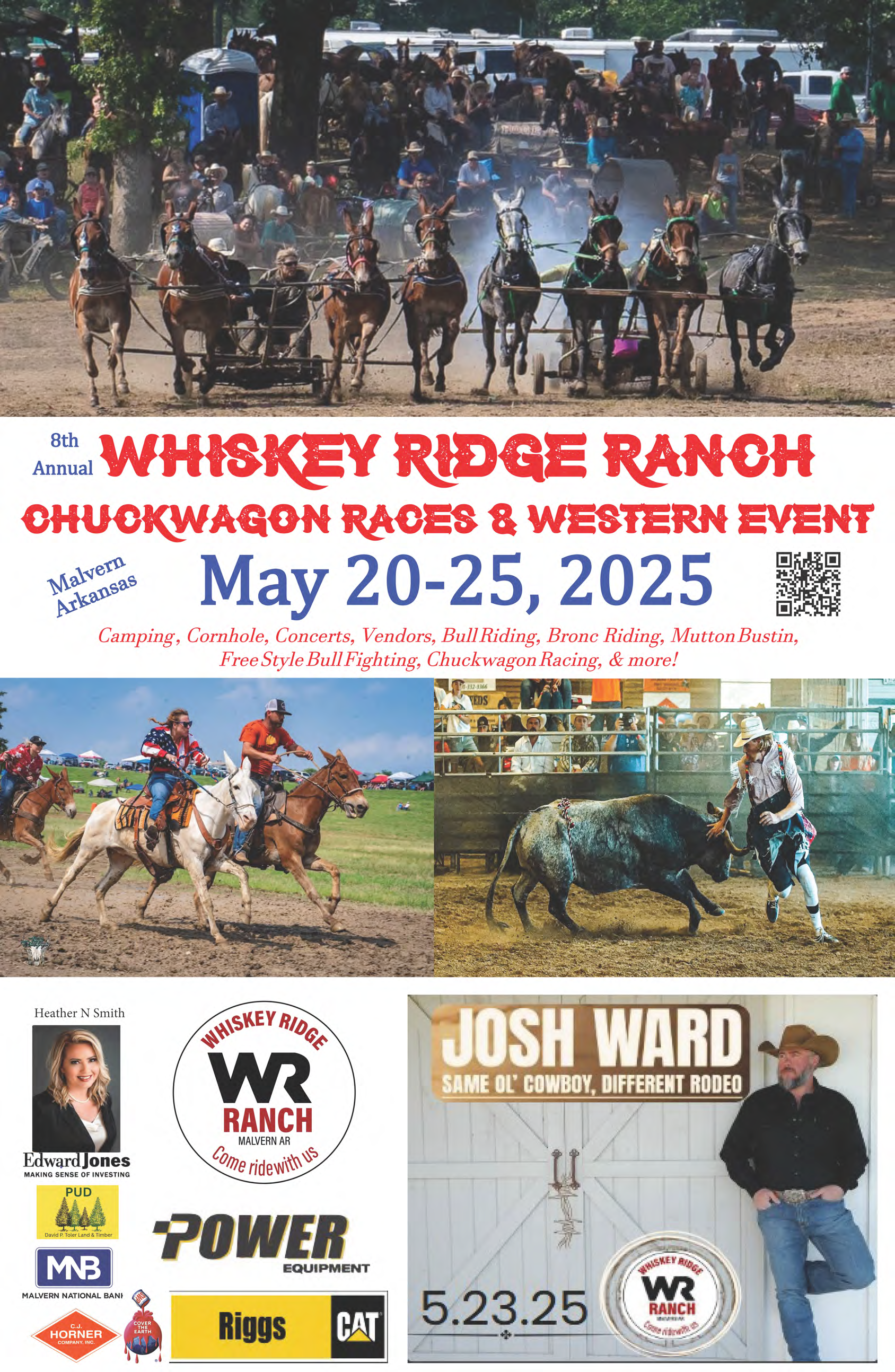 Whiskey Ridge Ranch Chukwagon Race weekend event poster, May 20–25, 2025, with riders and Josh Ward performance details