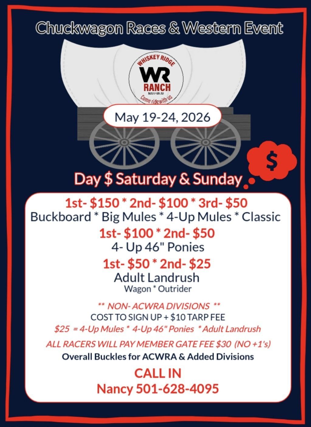Chadwicks Rodeo & Western Event flyer, May 19-24, 2026, with event details and Nancy contact info