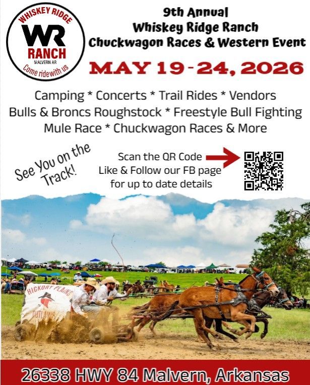 Whiskey Ridge Ranch rodeo event poster with bulls, horse riders, QR code, and May 19–24, 2026 date