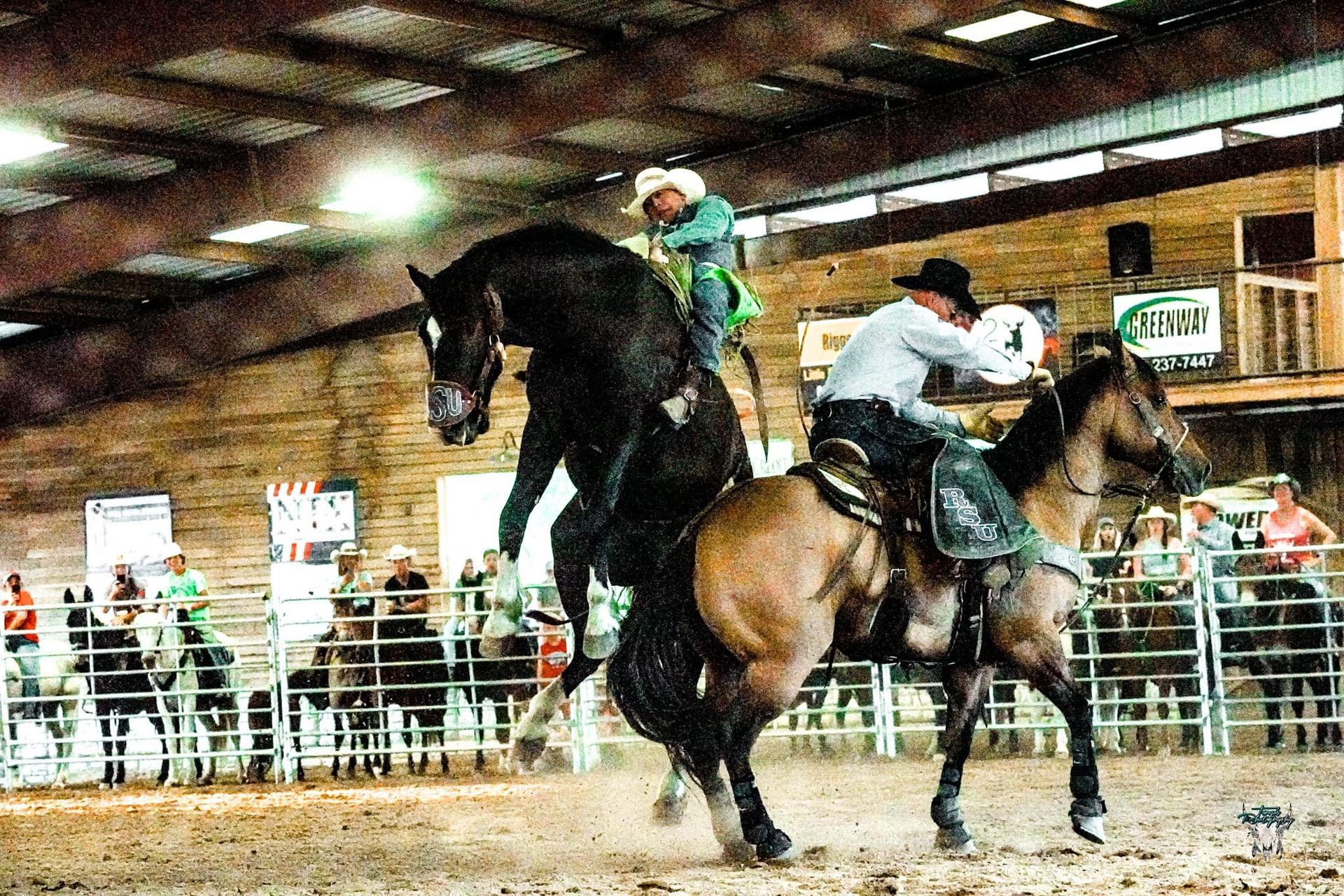 Two riders on bucking horses in an indoor rodeo arena, one horse rearing high