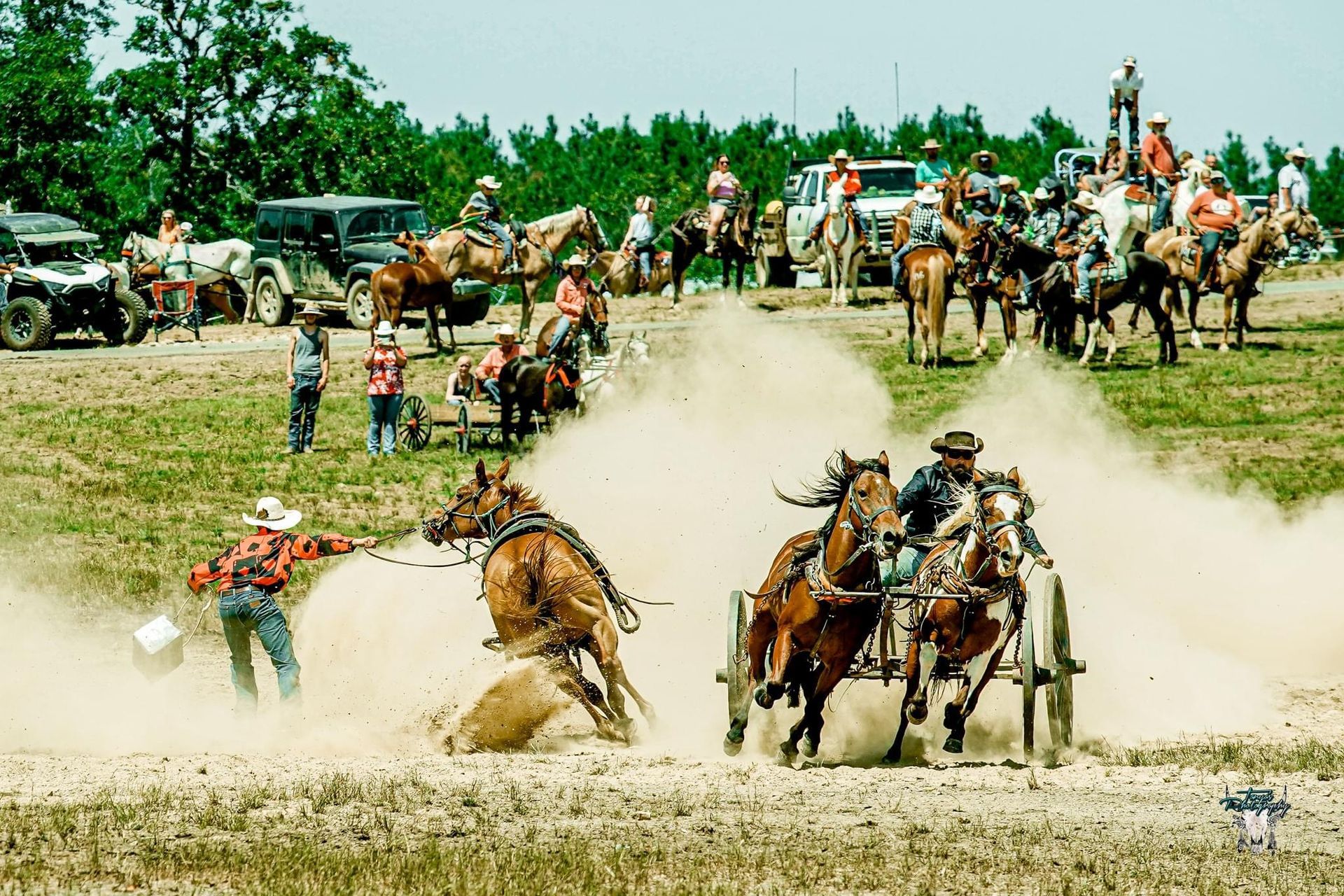 Horse riders racing through a dusty field with spectators and vehicles in the background