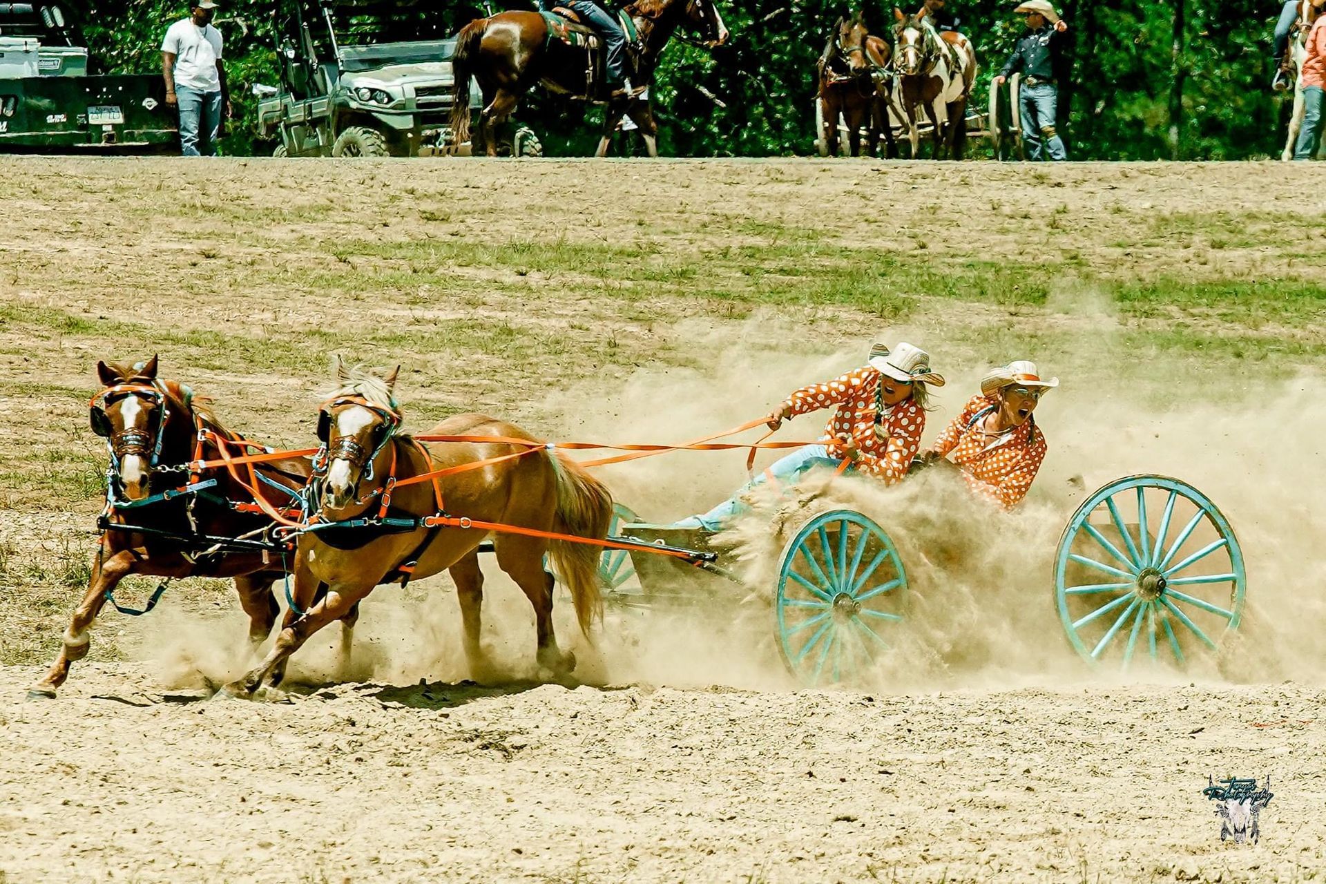 Two horses pull a dust-covered cart in a sandy race track, with spectators in the background.