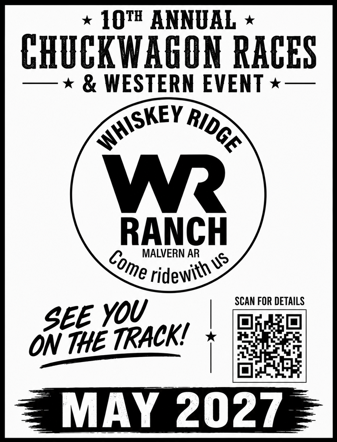 Whiskey Ridge Ranch chuckwagon race poster with horse-drawn wagons, cowboy riders, and event dates May 19–24, 2026.