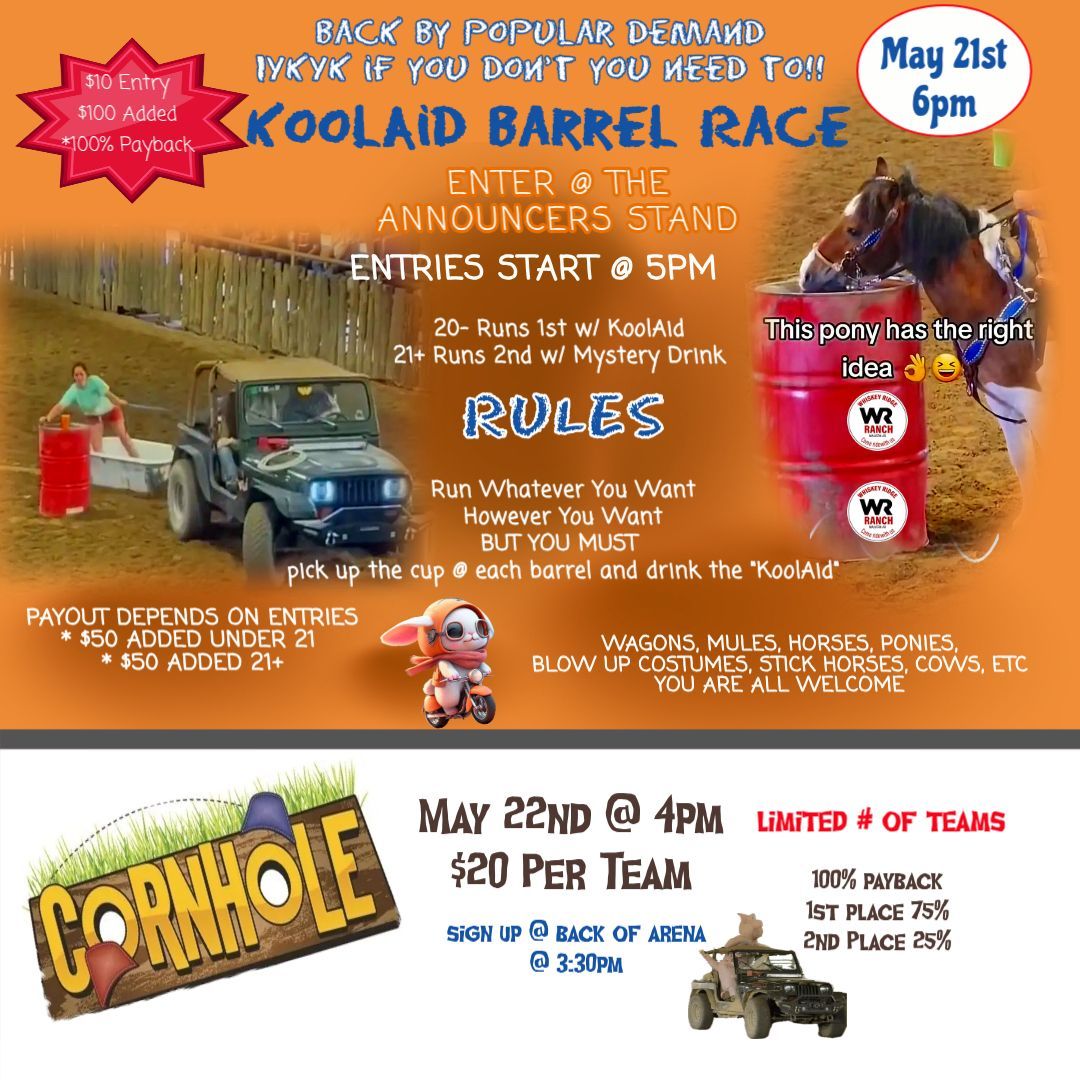 Flyer for KoolAid Barrel Race and cornhole fundraiser with orange background, dates, times, and sponsor logos
