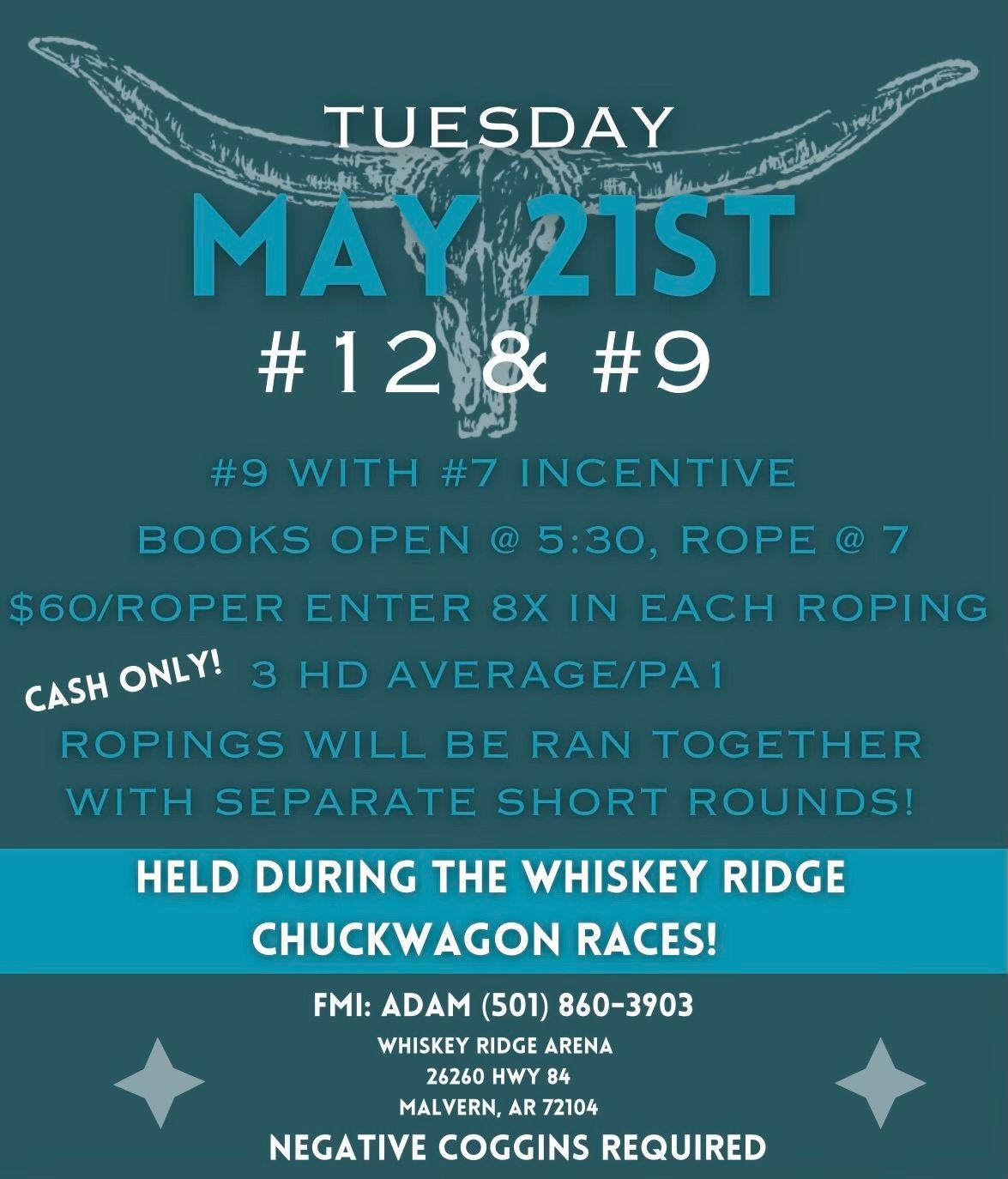 Turquoise rodeo poster: Tuesday May 21st, Chuckwagon Races, $60/rope entry, held at Whiskey Ridge