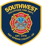 Southwest Volunteer Fire Dept. badge logo with crossed axes, red fire emblem, blue and gold border