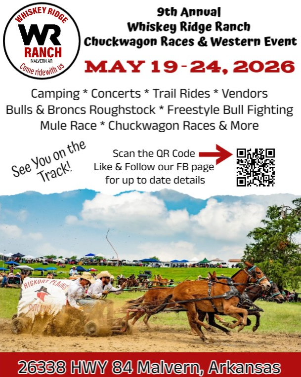 Whiskey Ridge Ranch rodeo poster with ranch logo, May 19-24, 2026, riders, horses, and event details