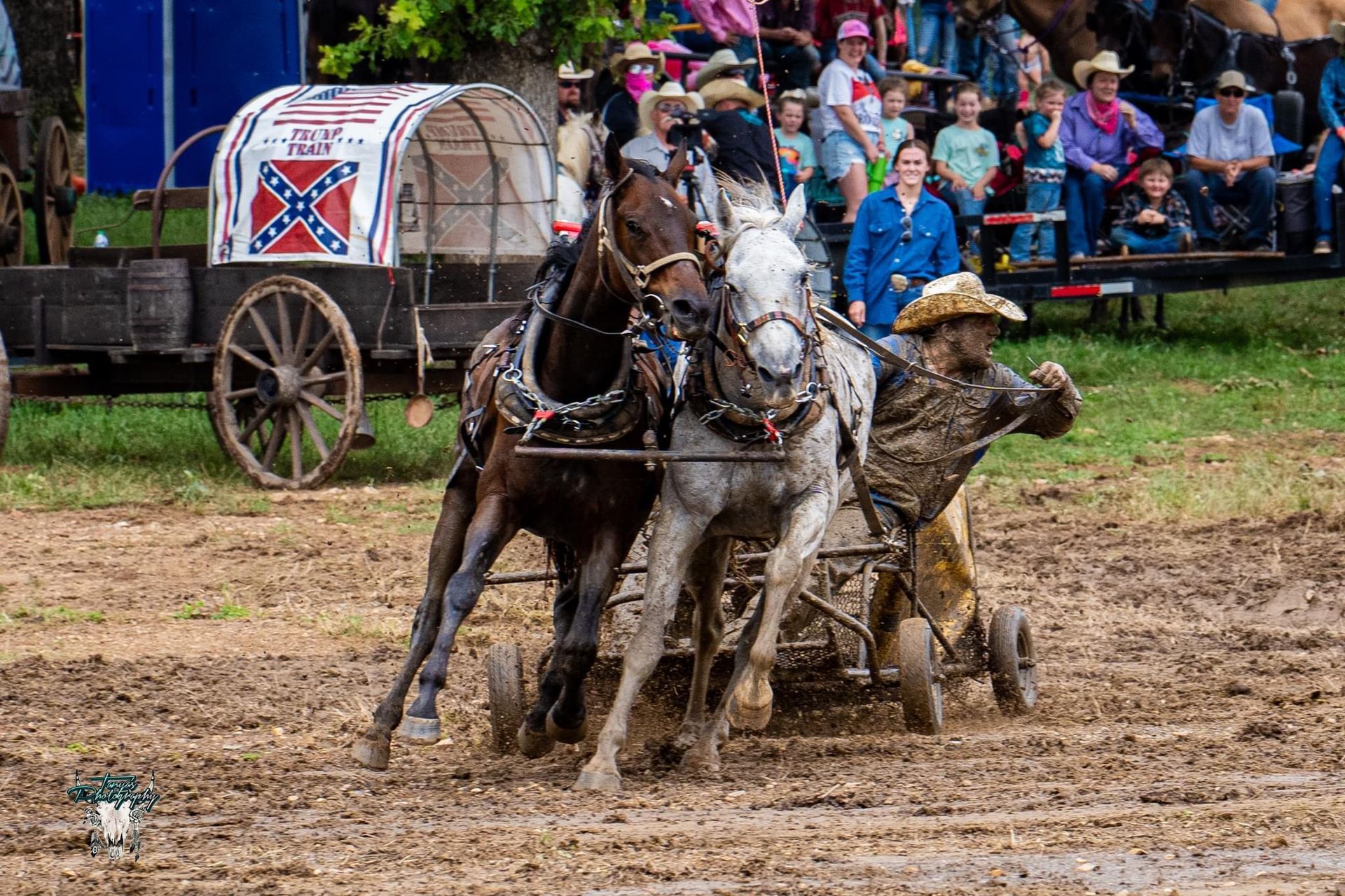 Muddy horse-drawn wagon race with two horses and a driver, crowd watching in the background