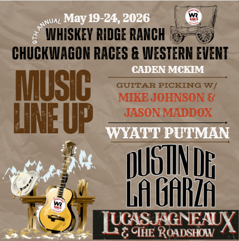 Whiskey Ridge Ranch Chuckwagon Races & Western Event poster with music lineup and guitar illustration