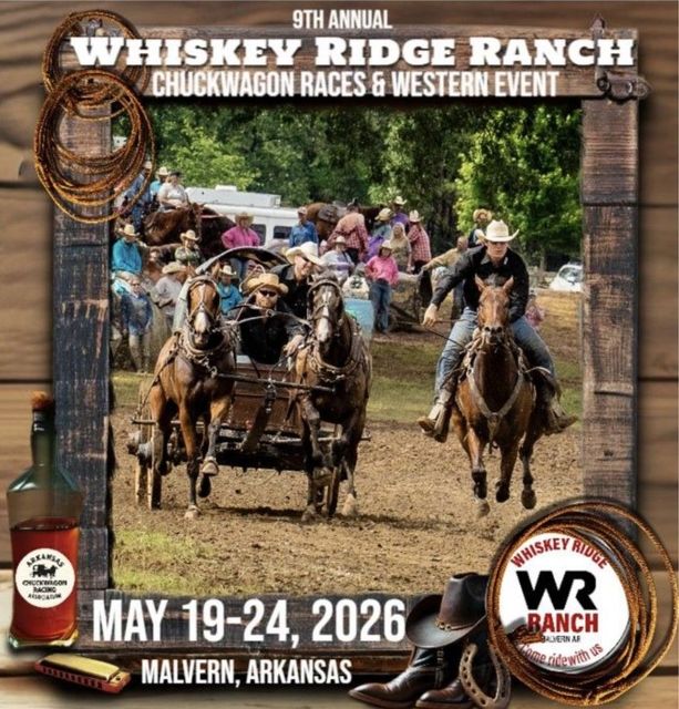 Whiskey Ridge Ranch chuckwagon race poster with horse-drawn wagons, cowboy riders, and event dates May 19–24, 2026.