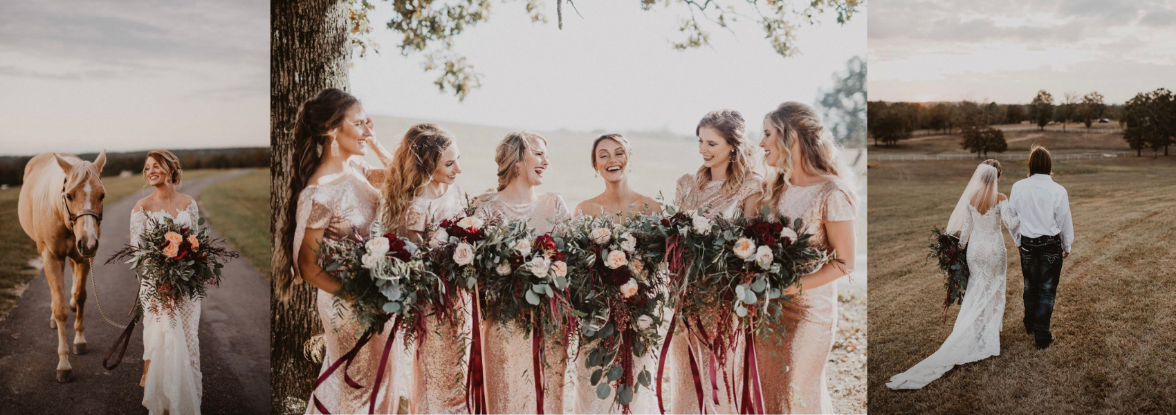 Wedding party outdoors by a pond, with bridesmaids holding pink and white bouquets under a floral arch.