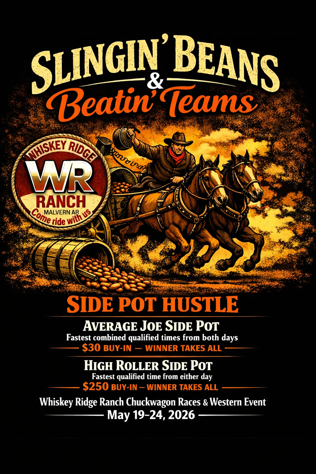 Slingin’ & Beatin’ Teams rodeo poster with barrel racers, WR Ranch logo, and event details on dark orange background