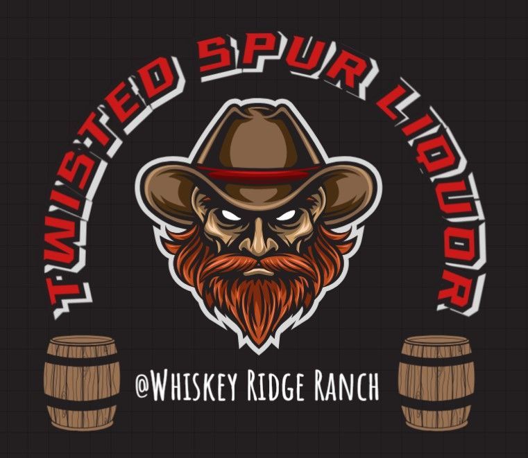 Twisted Spur Liquor logo with cowboy face, red text, brown barrels, and Whiskey Ridge Ranch branding