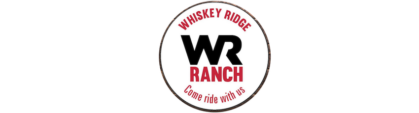 Circular Whiskey Ridge Ranch logo with red and black text on a white background